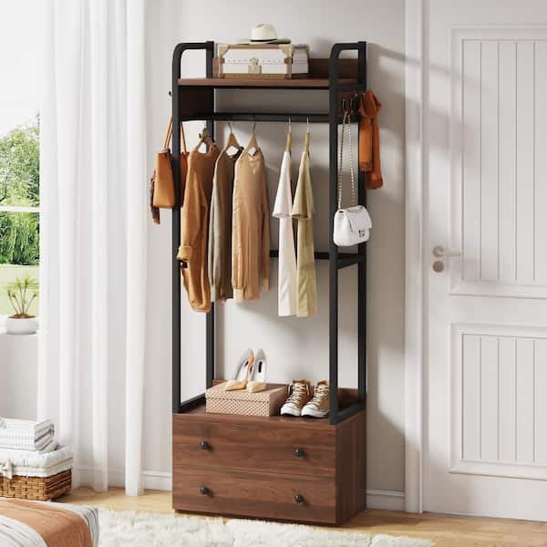 Hall Tree Industrial Modern with Dual Drawers and Hanging Rod