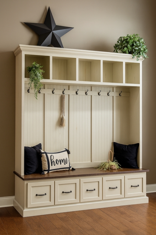 Hall Tree Modern Farmhouse Five Drawer Base Walnut-Toned Wood Seat