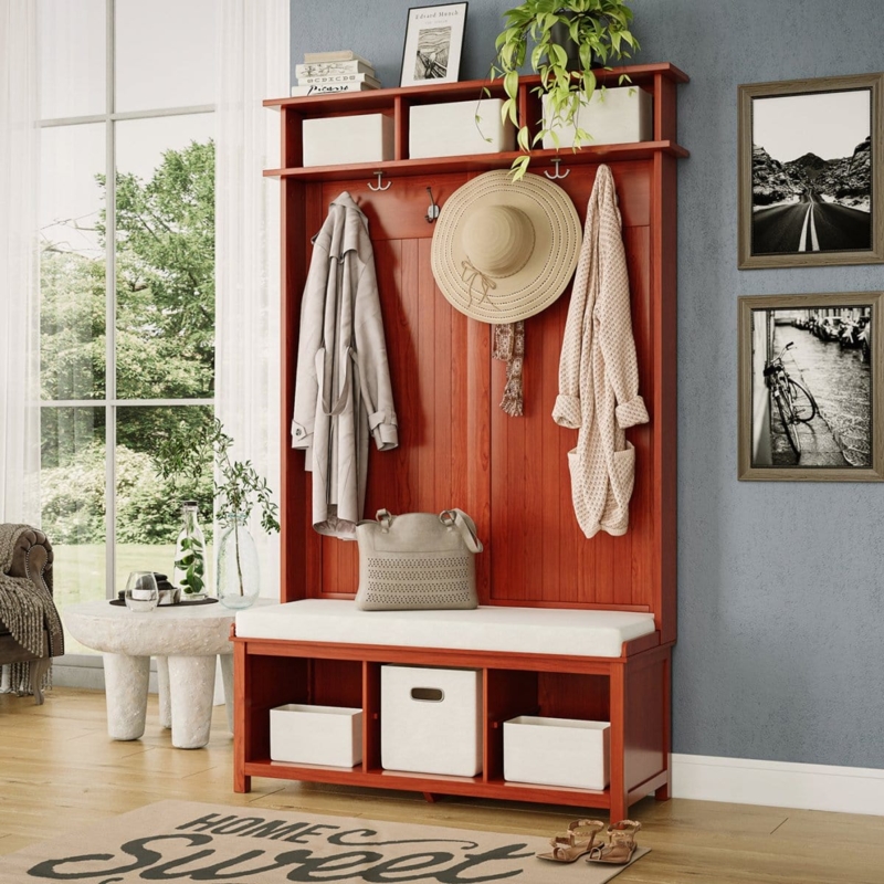 Hall Tree Red Mahogany Finish White Seat Cushion Entryway Bench