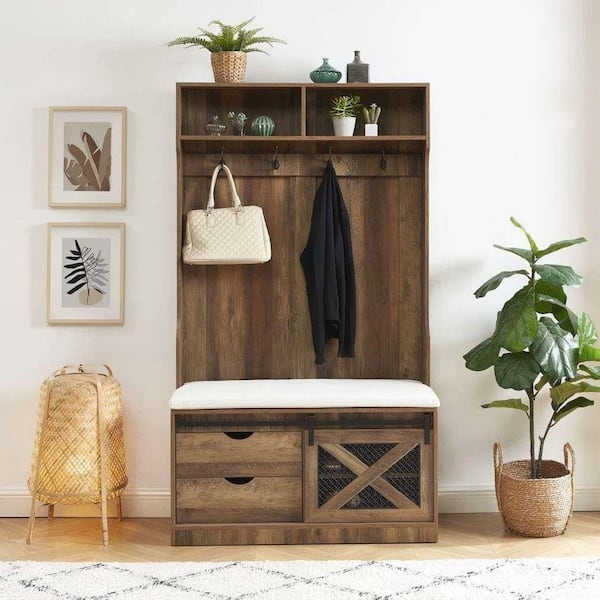Hall Tree Sliding Barn Door Rustic Oak Entryway Bench X-Brace