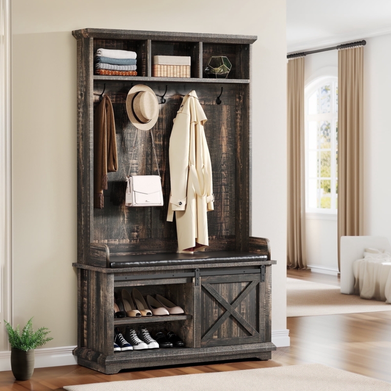 Hall Tree Sliding Barn Door Rustic Oak Leather-Like Cushioned Bench