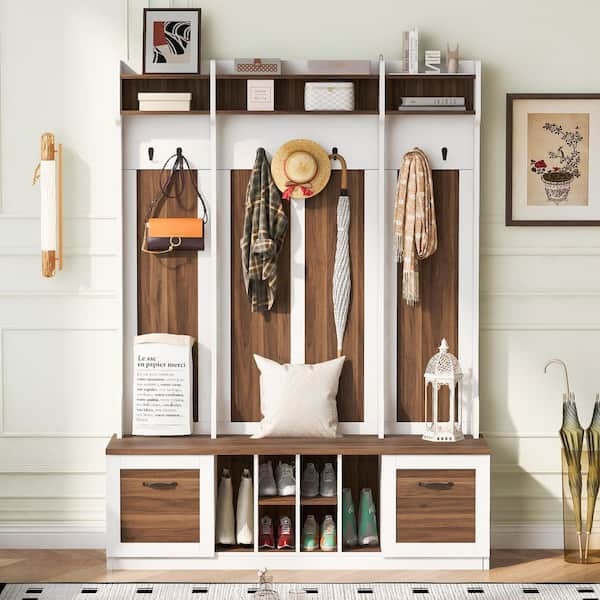 Hall Tree Symmetrical Design Two-Tone Modern Farmhouse Coat Rack