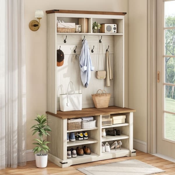 Hall Tree Two-Tone Farmhouse Finish Shoe Storage Entryway Bench