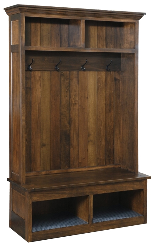 Hall Tree Vertical Planking Warm Walnut Rustic Farmhouse Bench Seat