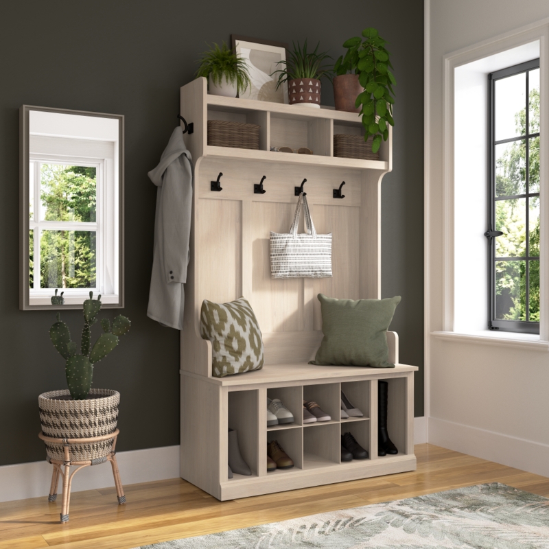 Hall Tree Whitewashed Finish Shoe Cubbies Entryway Bench With Hooks