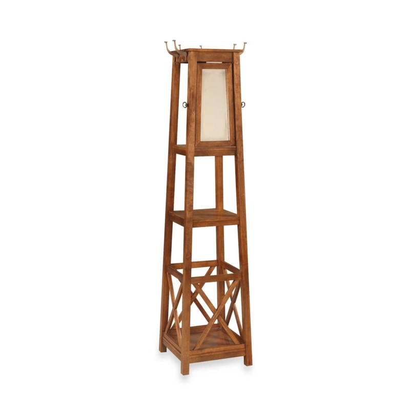 Hall Tree Wood Stand with Integrated Mirror and X-Lattice Base