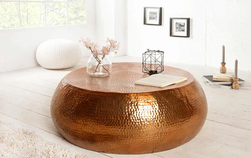 Hammered Copper Coffee Table with Reflective Metallic Texture