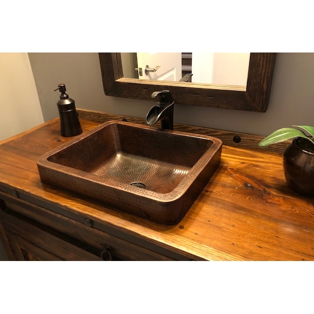 Hammered Copper Vessel Sink with Rectangular Basin and Waterfall Spout
