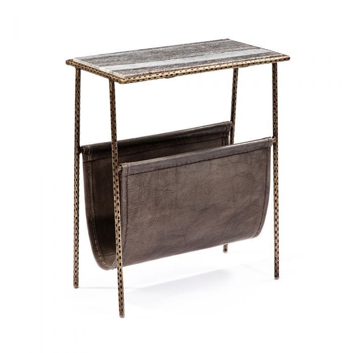 Hammered Metal Side Table with Leather-Like Sling & Stone-Look Top