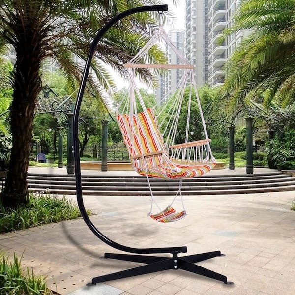 Hammock Chair C-Frame Stand Footrest Sling Multi-Colored Stripes Metal