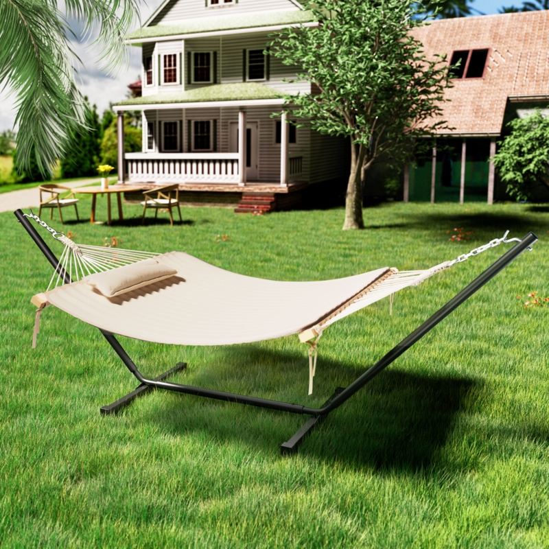 Hammock Quilted Fabric Warm Beige Spreader Bars Portable Metal Stand