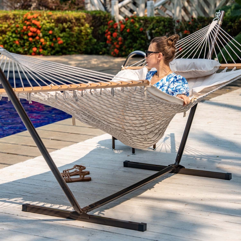 Hammock Stand 12 Foot Length Coffee Brown Metal Tan Rope Weave