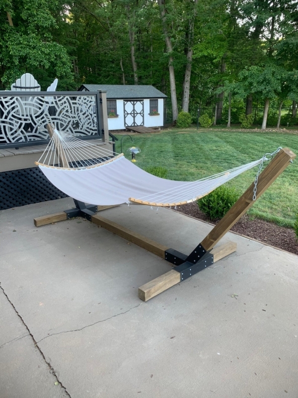 Hammock Stand Black Metal Connectors Rustic Timber Frame Wood Brown