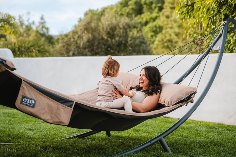 Hammock Stand Curved Metal Frame Charcoal Gray Tan Beige Fabric