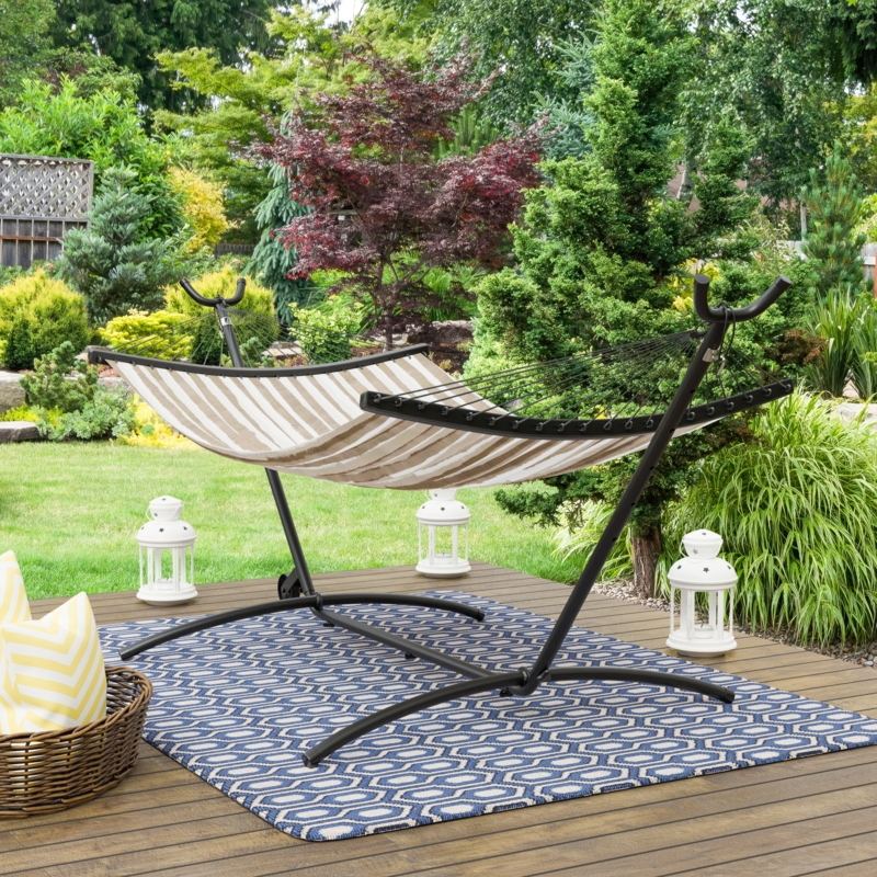 Hammock Stand Geometric Outdoor Rug Black Metal Striped Spreader
