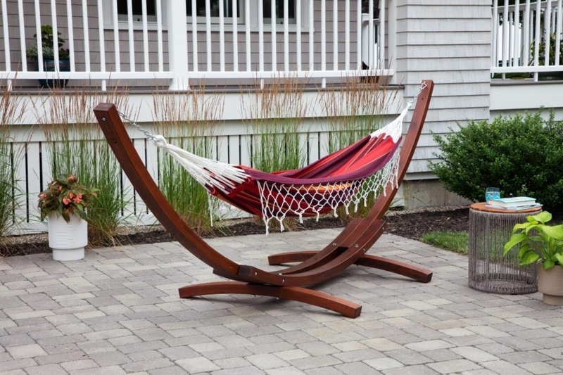 Hammock Stand Macrame Fringe Detail Reddish Brown Wood Sculptural