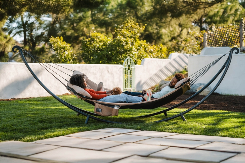 Hammock Stand Oversized Metal Frame Matte Black Warm Beige Fabric