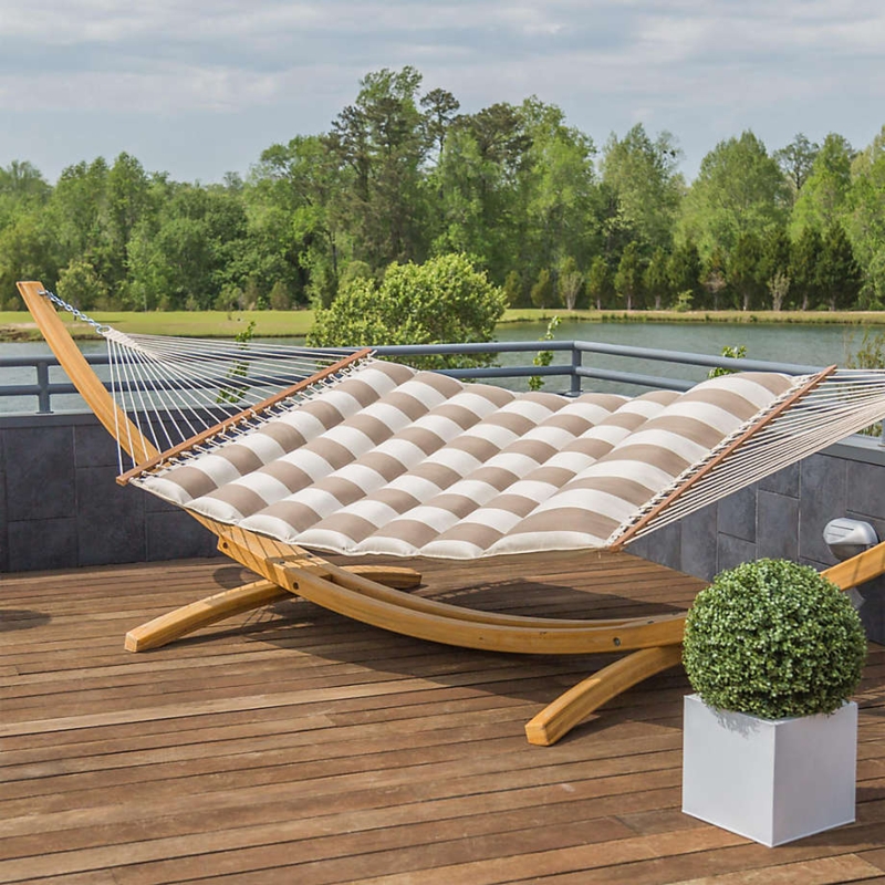 Hammock Stand Pillow Top Quilt Beige Stripe Warm Wood Arc Frame