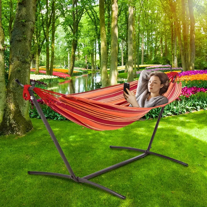 Hammock Stand Portable Design Sunset Orange Fabric Heavy Duty Steel