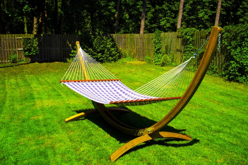 Hammock Stand Purple Checkered Fabric Honey Wood Tone Spreader Bar