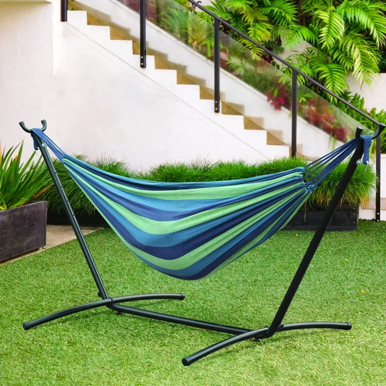 Hammock Stand Striped Brazilian Fabric Matte Black Ocean Blue