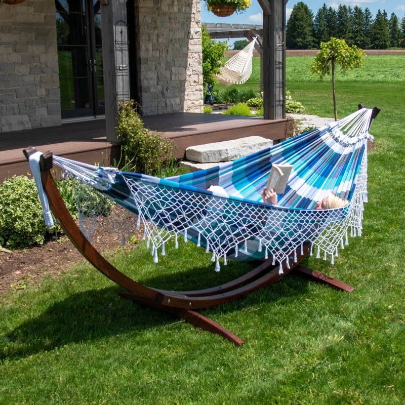 Hammock Stand Tasseled Fringe Blue Striped Fabric Walnut Brown Arc