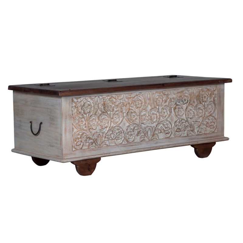 Hand Carved Floral Chest: Whitewashed Finish, Dark Wood Top & Bun Feet