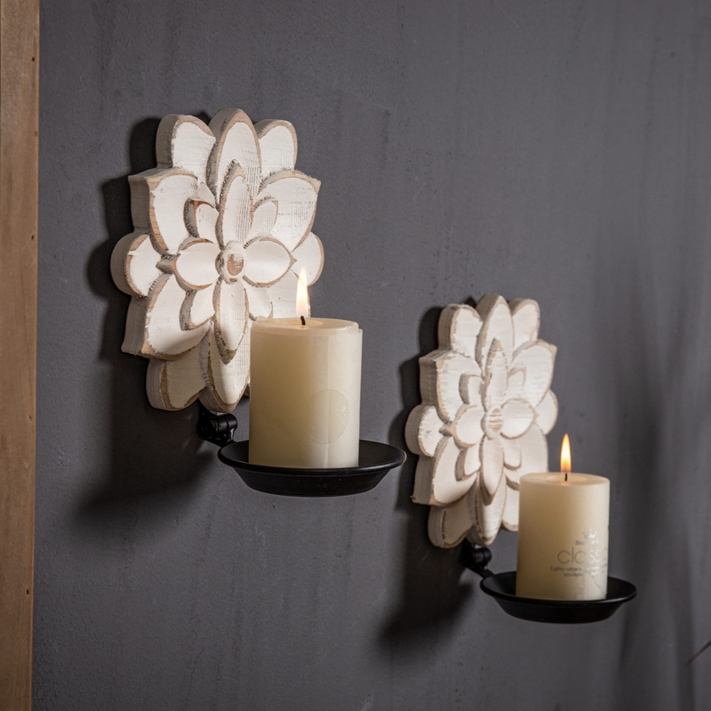 Hand-Carved Floral Wall Sconce Set, Distressed Whitewash, Black Tray