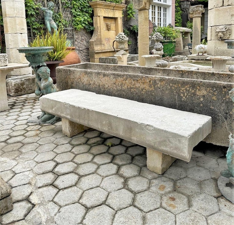 Hand Carved Stone Furniture: Garden Bench, Weathered Finish.