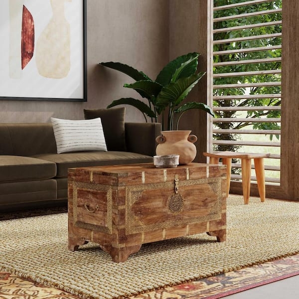 Hand-Painted Brass Inlay Storage Trunk Coffee Table: Global