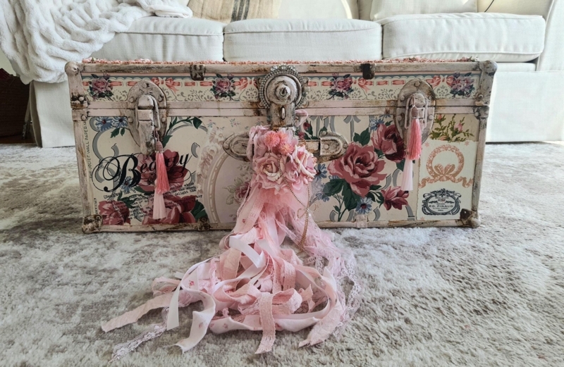 Hand Painted Floral Storage Trunk: Decoupage Details & Hanging Tassels
