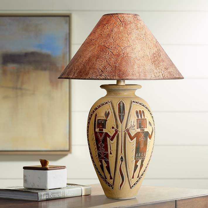 Hand Painted Pottery Table Lamp: Tribal Motifs & Desert Red Shade