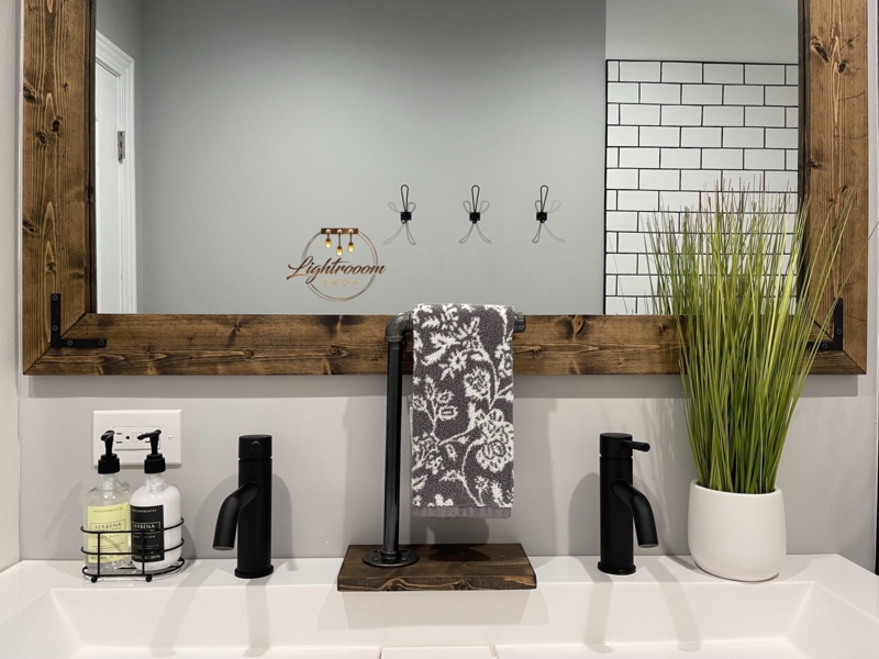 Hand Towel Holder Industrial Pipe Arm Wood Toned Base Matte Black Rustic