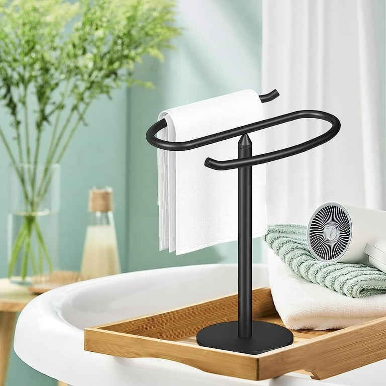 Hand Towel Stand Compact Footprint Matte Black Dual Arm Freestanding