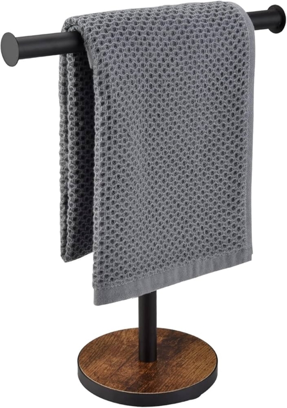 Hand Towel Stand T-Bar Silhouette Wood Toned Base Matte Black Industrial
