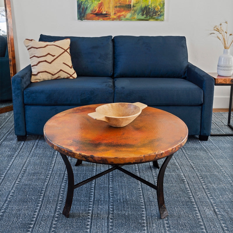 Handcrafted Copper Coffee Table with Curved Iron X-Stretcher Base