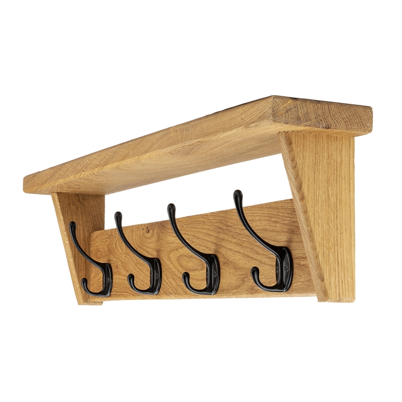 Handmade Oak Shelf Rack, Vintage Iron Hooks. Farmhouse style.