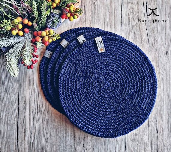 Handmade Rope Table Mats Crochet Knit Round Leather Tag Blue