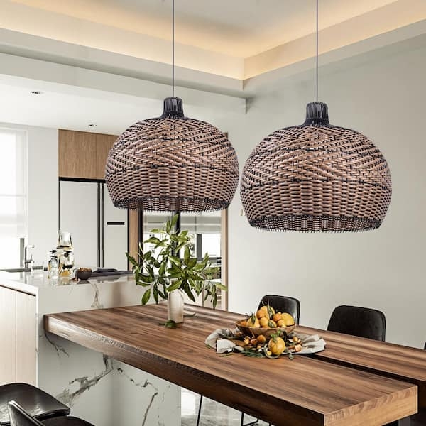 Handwoven Dome Pendant Light Chevron Weave Two-Tone Black Brown Large