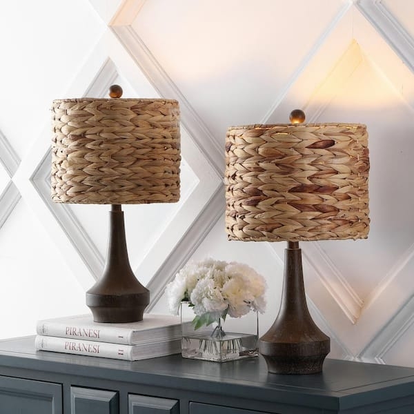 Handwoven Rattan Table Lamp Set with Tapered Brown Wood Look Base