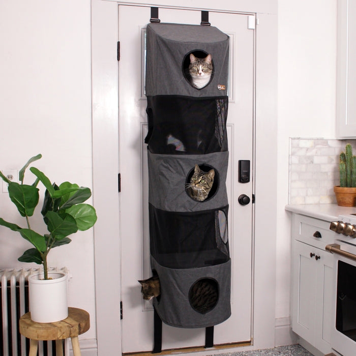 Hanging Cat Tree With Vertical Door Mount: Heather Grey Five Tier Design.