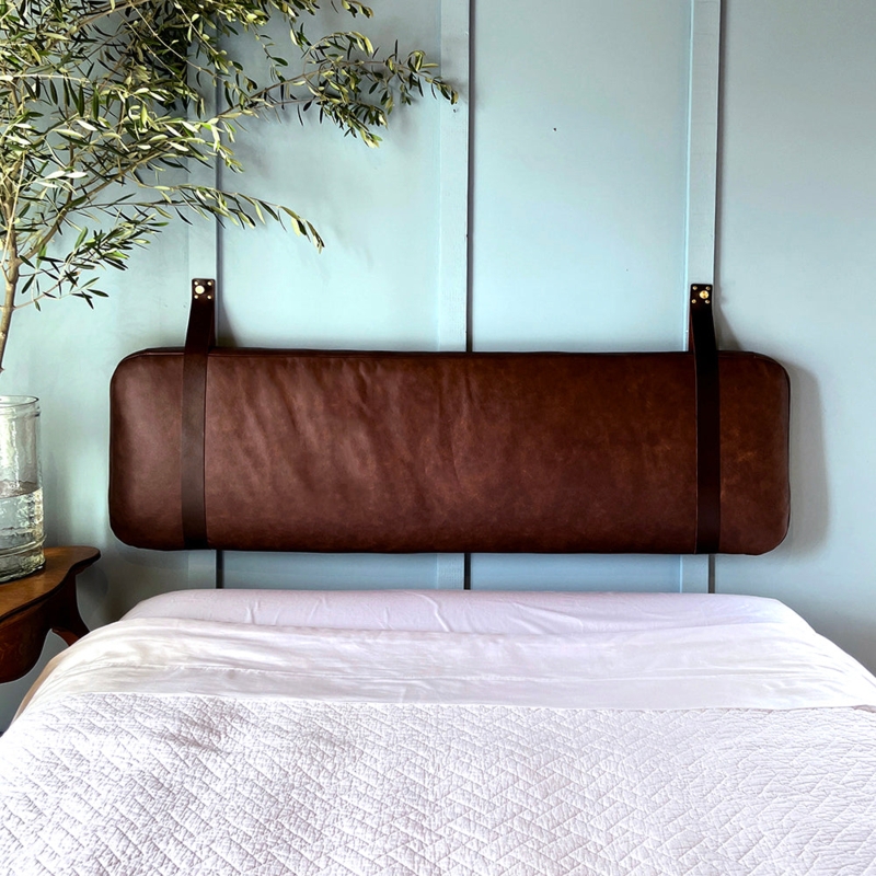 Hanging Headboard Distressed Cognac Brown Cushion Strap Suspension