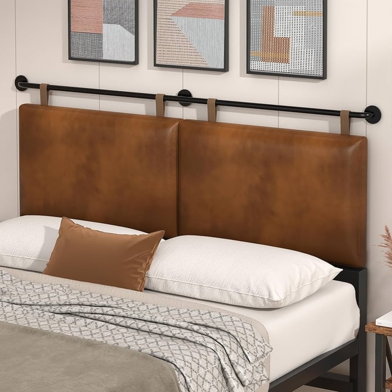 Hanging Headboard Industrial Pipe Rail Cognac Brown Straps