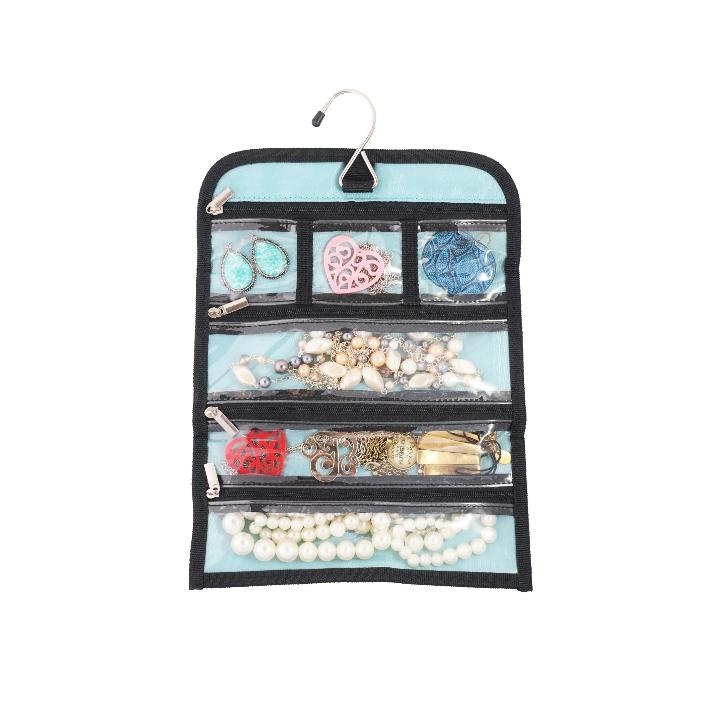 Hanging Jewelry Roll Bag, Aqua Blue Interior with Tiered Clear Pockets