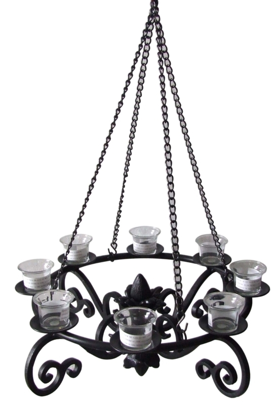 Hanging Lantern Matte Black Eight Votive Cups Scrollwork Base
