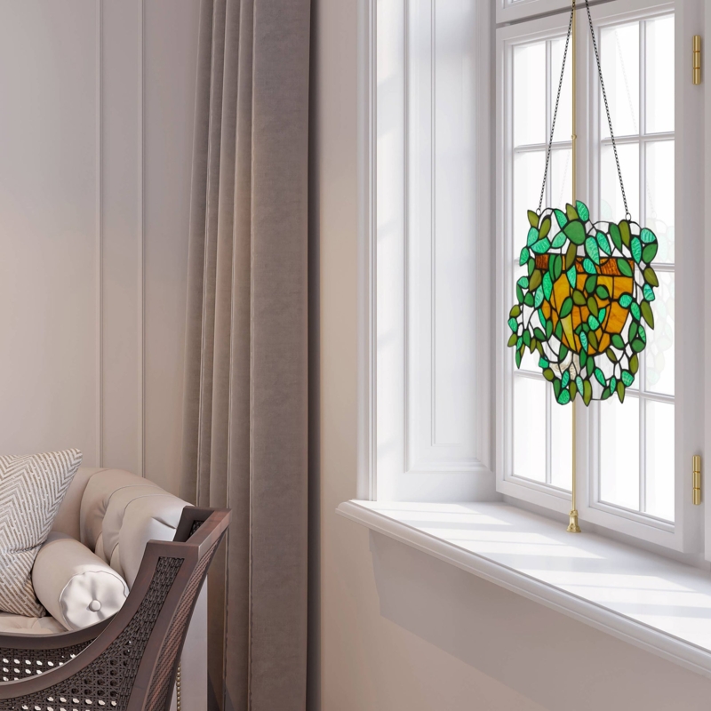 Hanging Stained Glass Panel Pothos Design, Botanical.