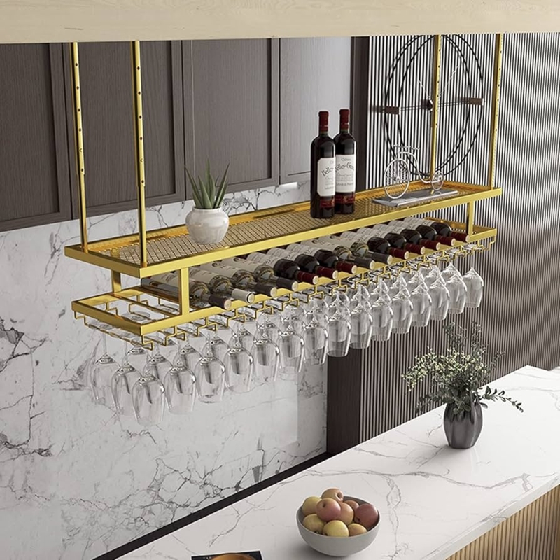 Hanging Wine Rack Gold Finish Two Tier Mesh Shelf Adjustable Rods