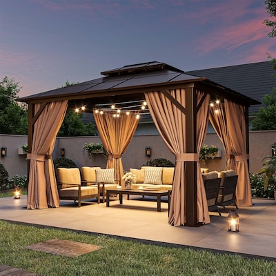 Hardtop Patio Structure with Tie Back Curtains and Lights