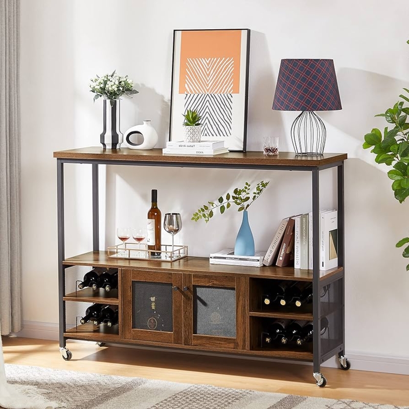 Hazelnut Brown Wine Bar Cabinet with Mesh Doors and Locking Casters