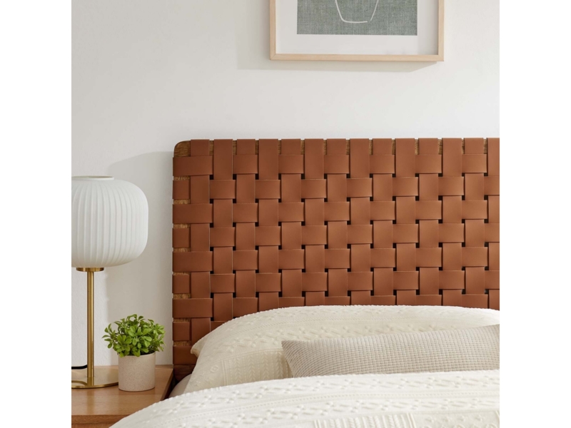 Headboard Cognac Brown Woven Leather Straps Basketweave Pattern